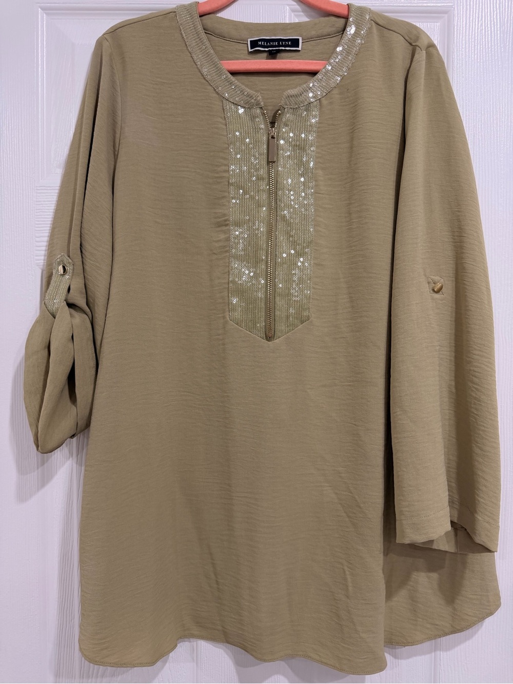 Melanie Lyne Olive Sequin Zip-Front Blouse